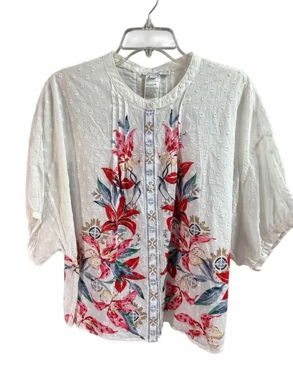Chico’s 2.5 US 14 White Floral Boho Sheer Button Front Lightweight Blouse Top